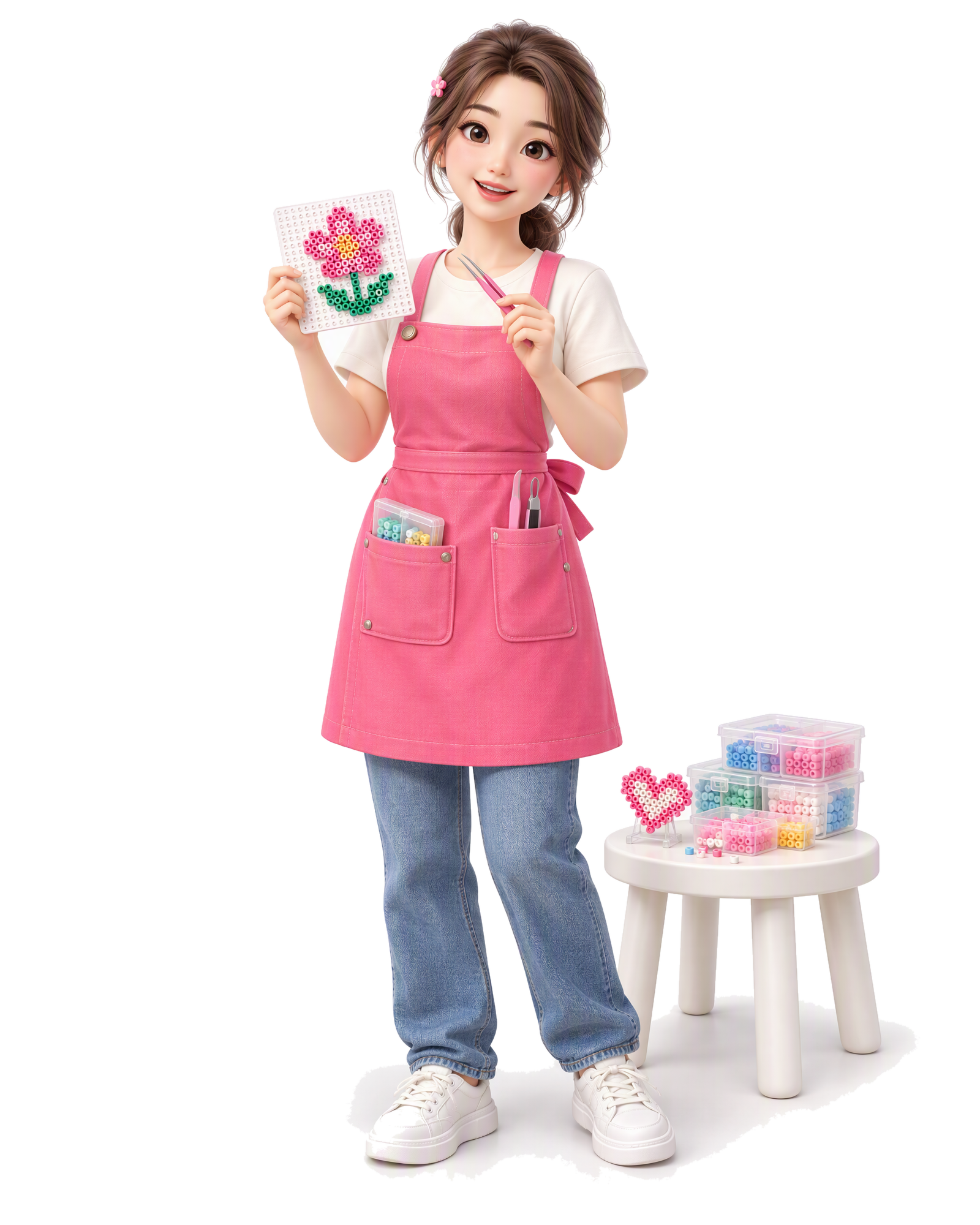 穿粉色围裙的拼豆手作店女店主,手持拼豆花朵作品